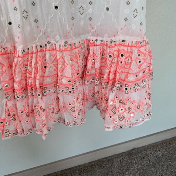 Juliet Dunn Nomad Embroidered Mirrored Cotton Mini Dress White Coral Boho 6/8 - Picture 7 of 15
